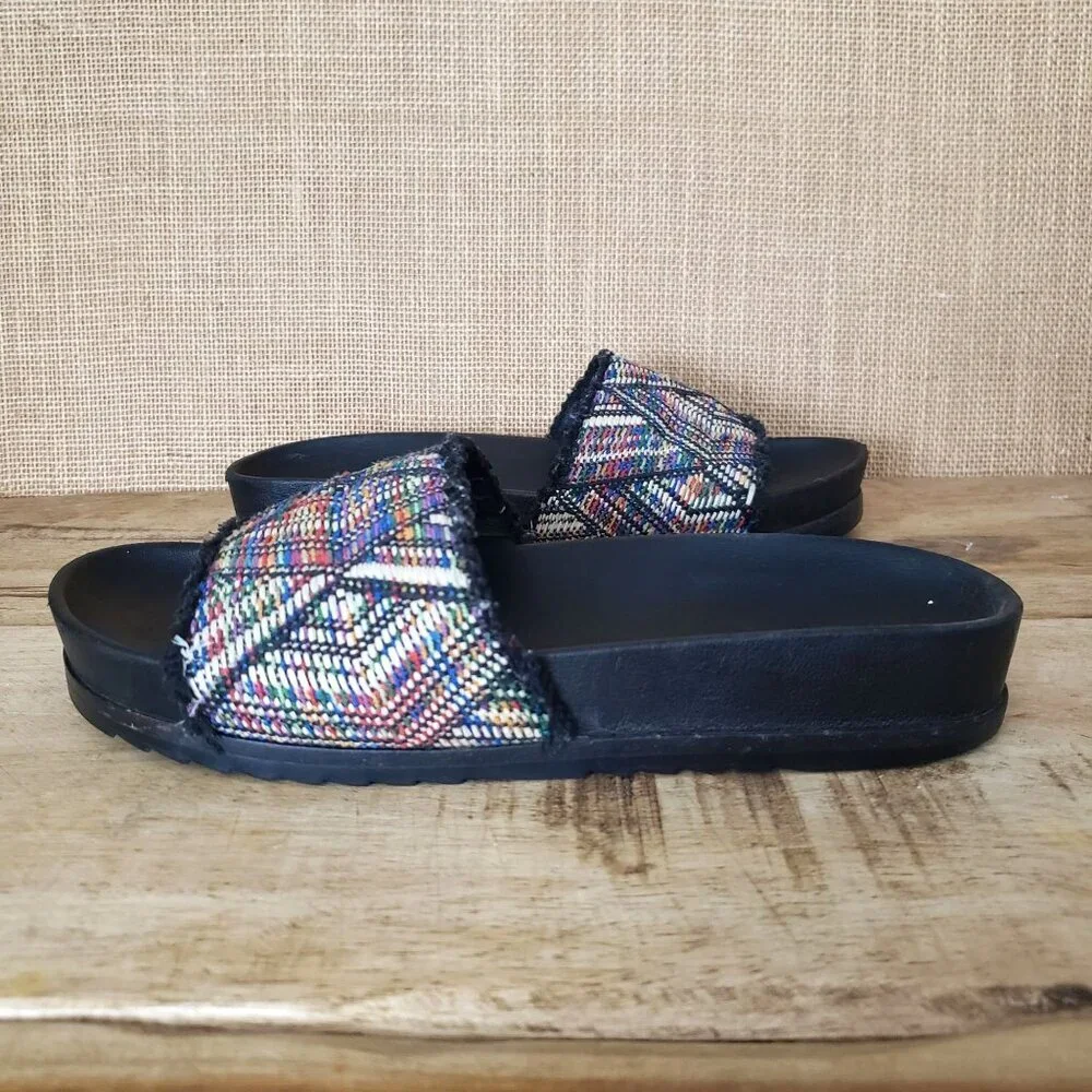 Frye Lily Boho Woven Jacquard Fray Wedge Slide Sandals Southwestern SZ 8
